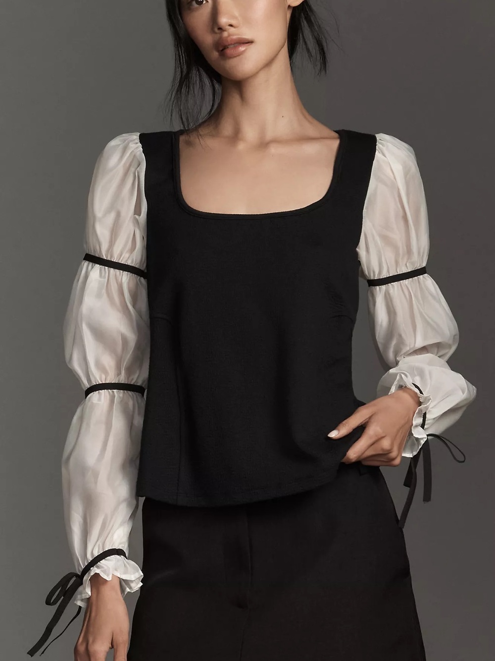 Anthropologie Maeve Balloon-Sleeve Top black white size small